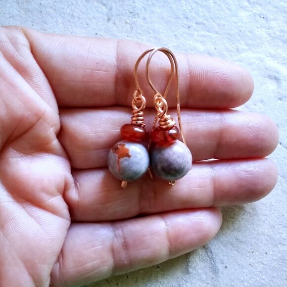 Hand Crafted Jewelry - Misty Classy Elegance: Gray Stone & Russet Agate Copper Earrings! Handmade +OOAK